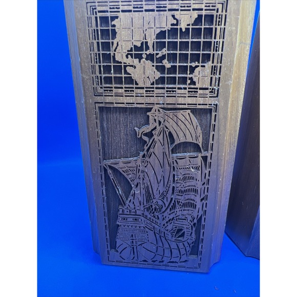 Pair of Vintage LaserCraft Solid Walnut Nautical Bookends ~ Laser Engraved - Picture 2 of 12